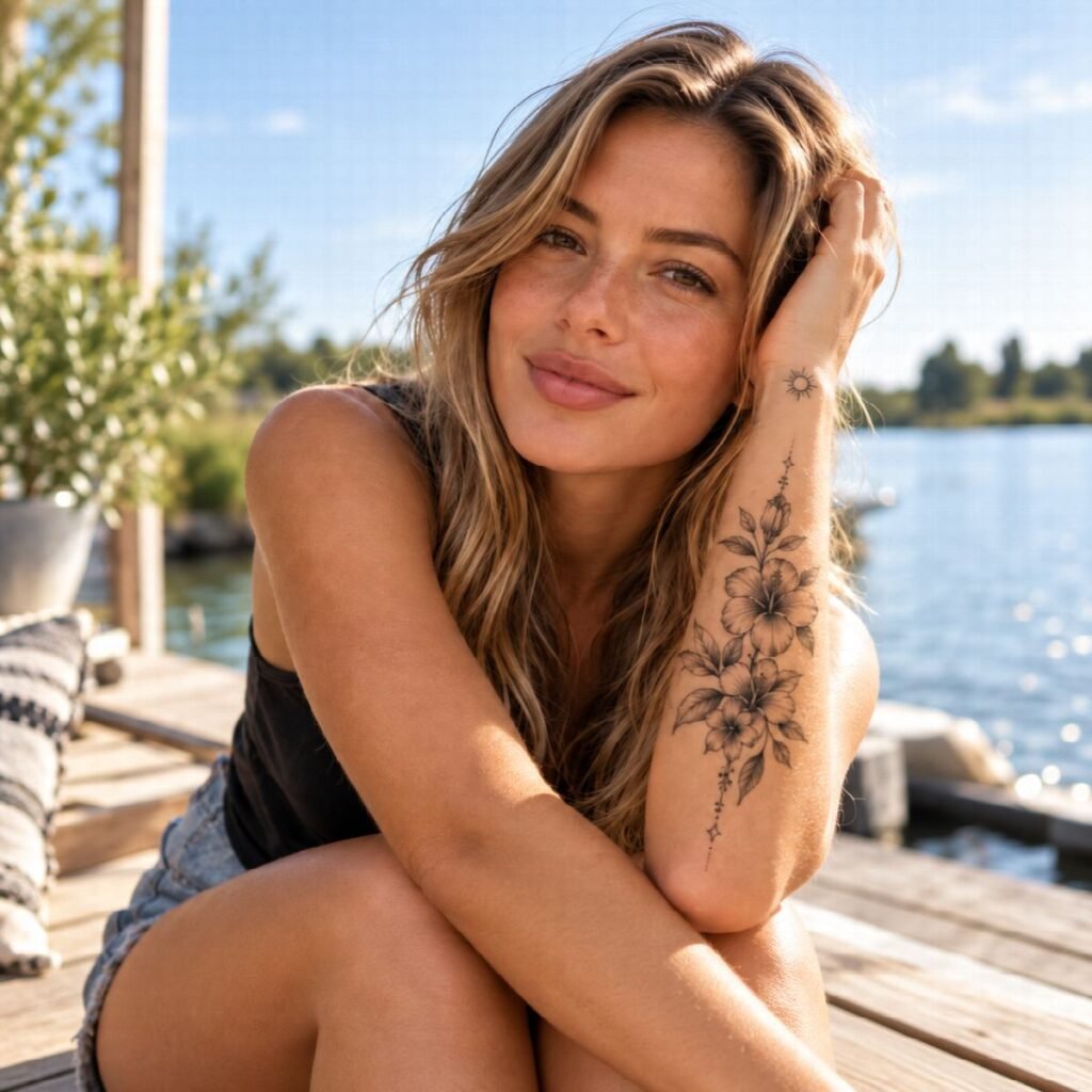 Vrouw aan het water met een tijdelijke bloementattoo op haar onderarm